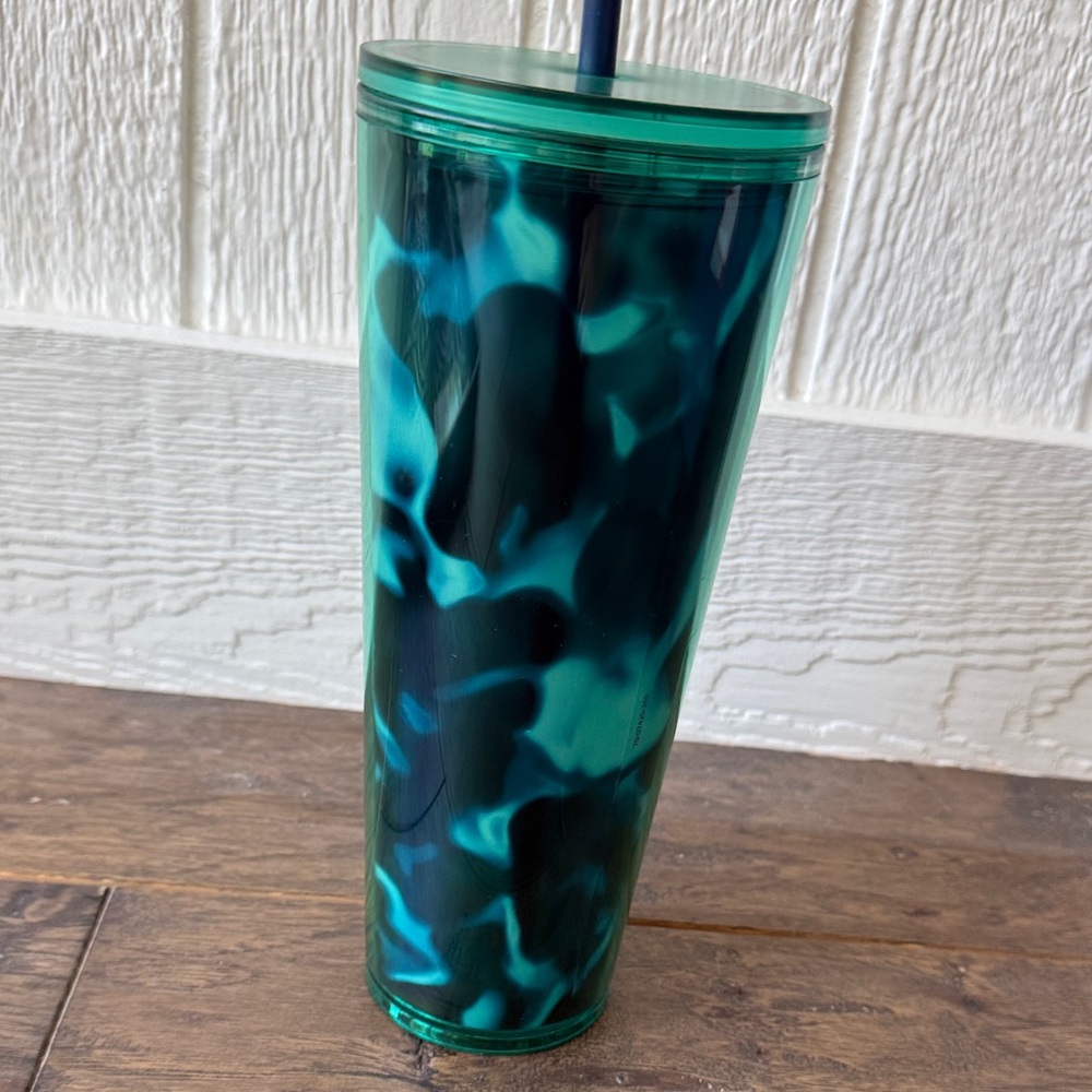 Starbucks Blue Green Teal tortoise tie dye watercolor 24 oz Tumbler with Straw - Picture 5 of 11